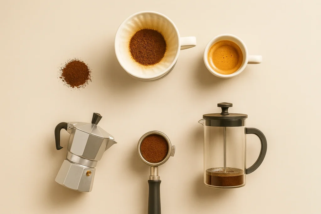 Vista flat-lay de métodos de preparación de café dispuestos en círculo sobre fondo claro, mostrando V60 con molido medio-fino, espresso con molido fino, moka con molido medio y prensa francesa con molido grueso, acompañado de etiquetas elegantes y estilo minimalista.