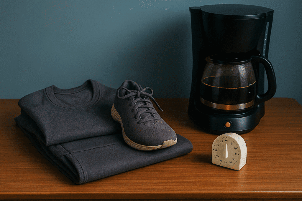 Ropa deportiva doblada con una zapatilla encima, una cafetera con café recién hecho y un temporizador de cocina sobre una mesa de madera, iluminados con luz suave, evocando preparación y organización para la mañana.