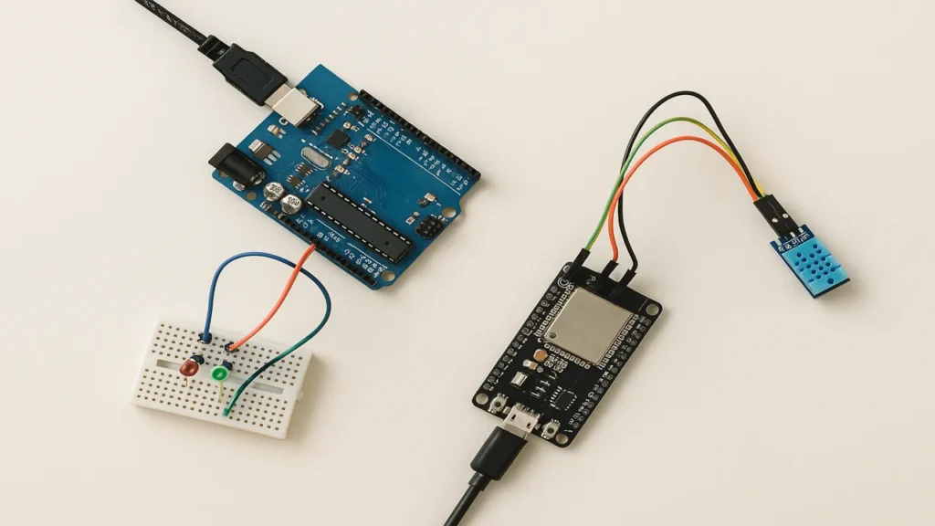 Arduino UNO conectado a LEDs en una protoboard y ESP32 conectado a un sensor, sobre fondo minimalista, comparación de placas electrónicas DIY