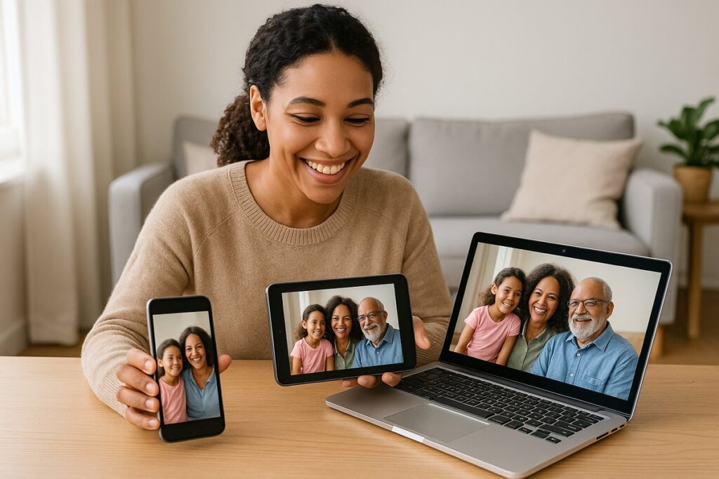 Persona sonriente mirando fotos familiares sincronizadas en teléfono, tablet y laptop dentro de un hogar con luz natura