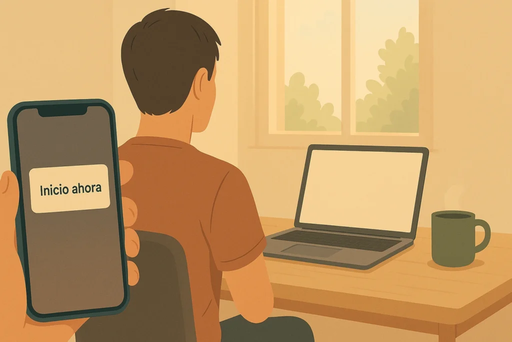 sistemas vs. metas método
escritorio ordenado con persona de espaldas iniciando rutina, smartphone en primer plano mostrando notificación 'Inicio ahora', laptop abierto, luz natural de mañana entrando por ventana, estilo ilustración semi-realista con líneas limpias, colores cálidos y apagados, sensación de calma y concentración
