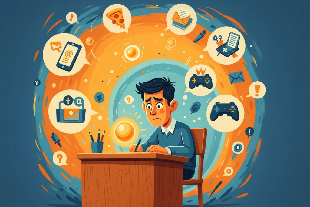 Ilustración colorida de un joven concentrado escribiendo en su escritorio, rodeado de íconos que representan distracciones modernas como redes sociales, videojuegos, comida y mensajes, simbolizando la dificultad de mantener el enfoque en medio del caos digital.