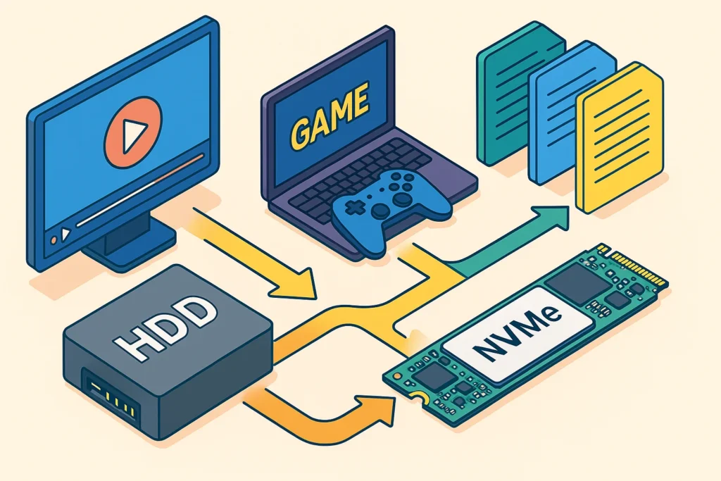 Ilustración isométrica colorida de un flujo de trabajo digital: un HDD conectado a documentos, un SSD representado con una laptop de videojuegos y un NVMe asociado a un monitor de video, mostrando cómo cada tecnología de almacenamiento maneja diferentes tipos de archivos